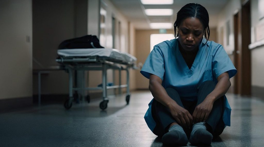 nurse, hospital, nursing, care, burnout, stress, disease, psychology, bullying, depression, tension, profession, responsibility, overtime, employee, ai generated, hospital, nursing, care, burnout, disease, disease, disease, disease, disease, bullying, tension, tension, tension, overtime
